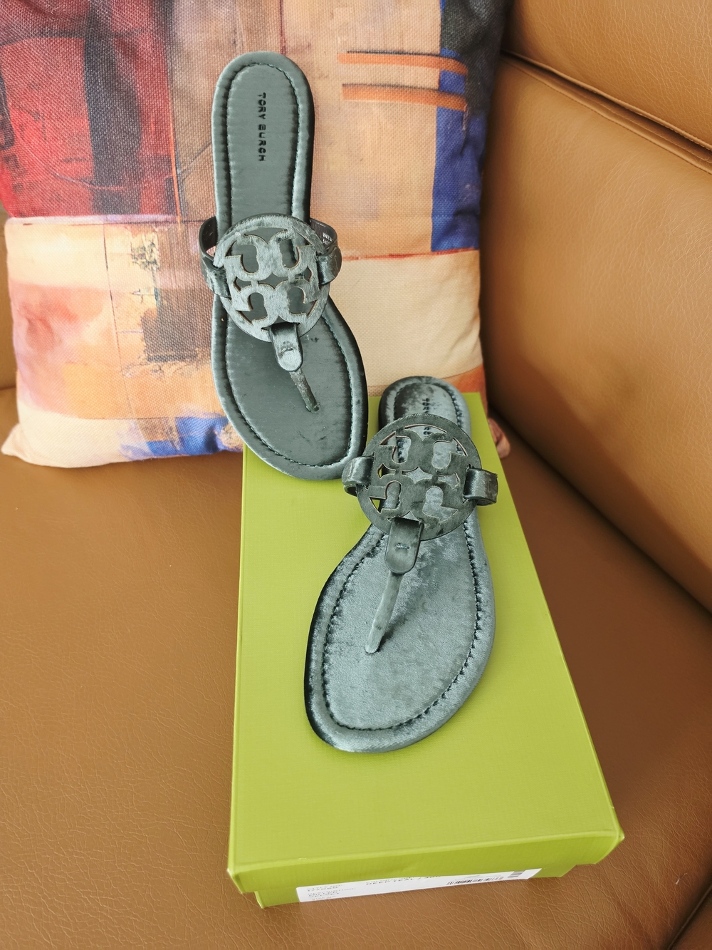 Tory Burch Velvet Logo Thong Sandals in Teal Gray